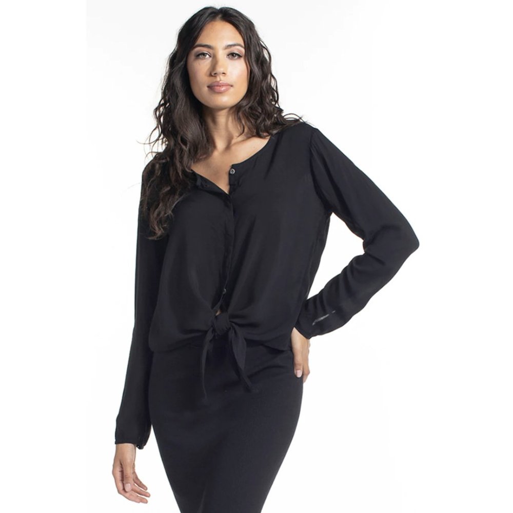 HARD TAIL FOREVER Long Sleeve Tie Front Top in Black